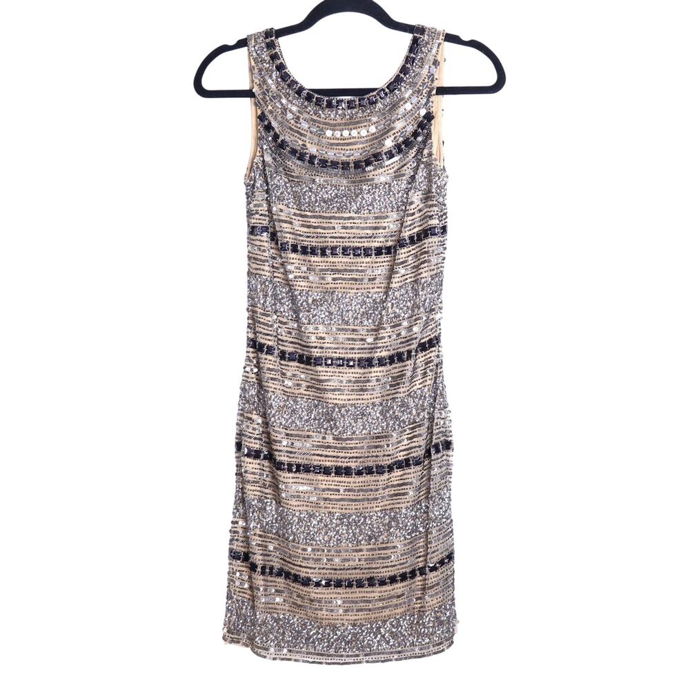 CACHÉ Y2K Sequin Beaded Mini Dress Sleeveless Illusion Stripe Cocktail Women's 0